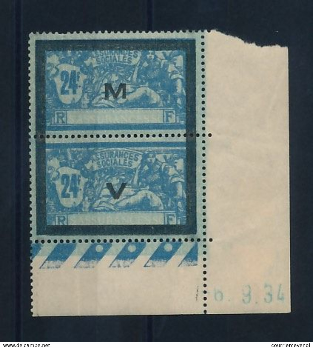 FRANCE - Assurances Sociales - Paire Coin Daté - 24 F Merson Surcharges M Et V - Neufs - Stamps