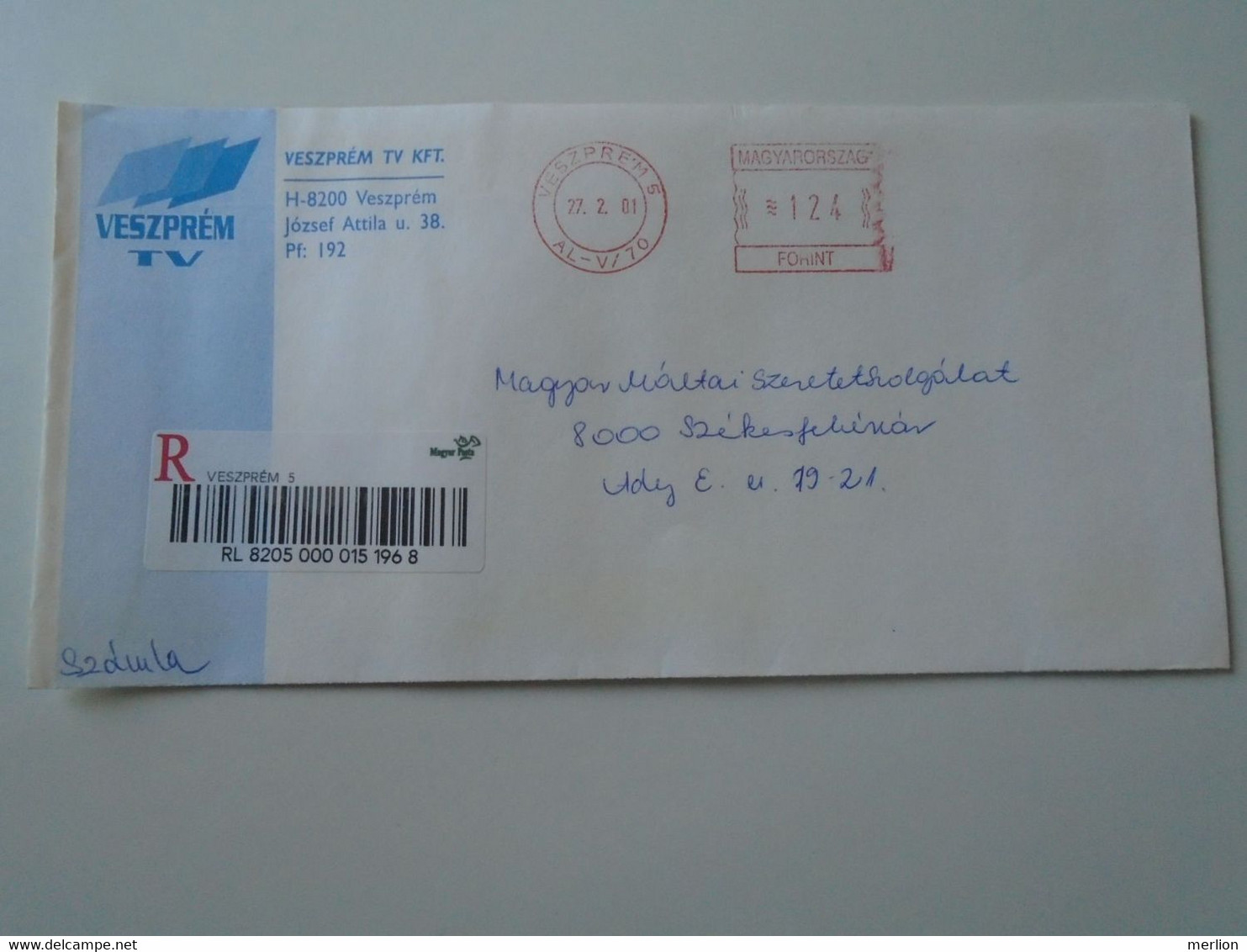 AD00012.137   Hungary Registered  Cover  -EMA Red Meter Freistempel-  2001 - Veszprém TV Kft - Automatenmarken [ATM]