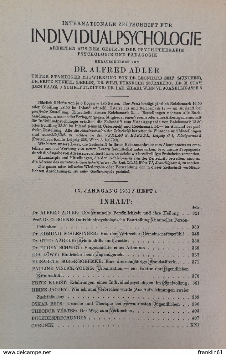 Internationale Zeitschrift Für Individualpsychologie. Arbeiten Aus Dem Gebiete Der Psychotherapie, Psychologie - Autres & Non Classés