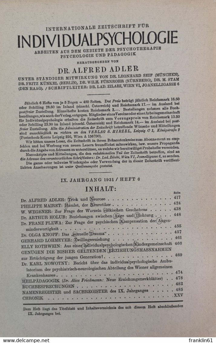 Internationale Zeitschrift Für Individualpsychologie. Arbeiten Aus Dem Gebiete Der Psychotherapie, Psychologie - Autres & Non Classés