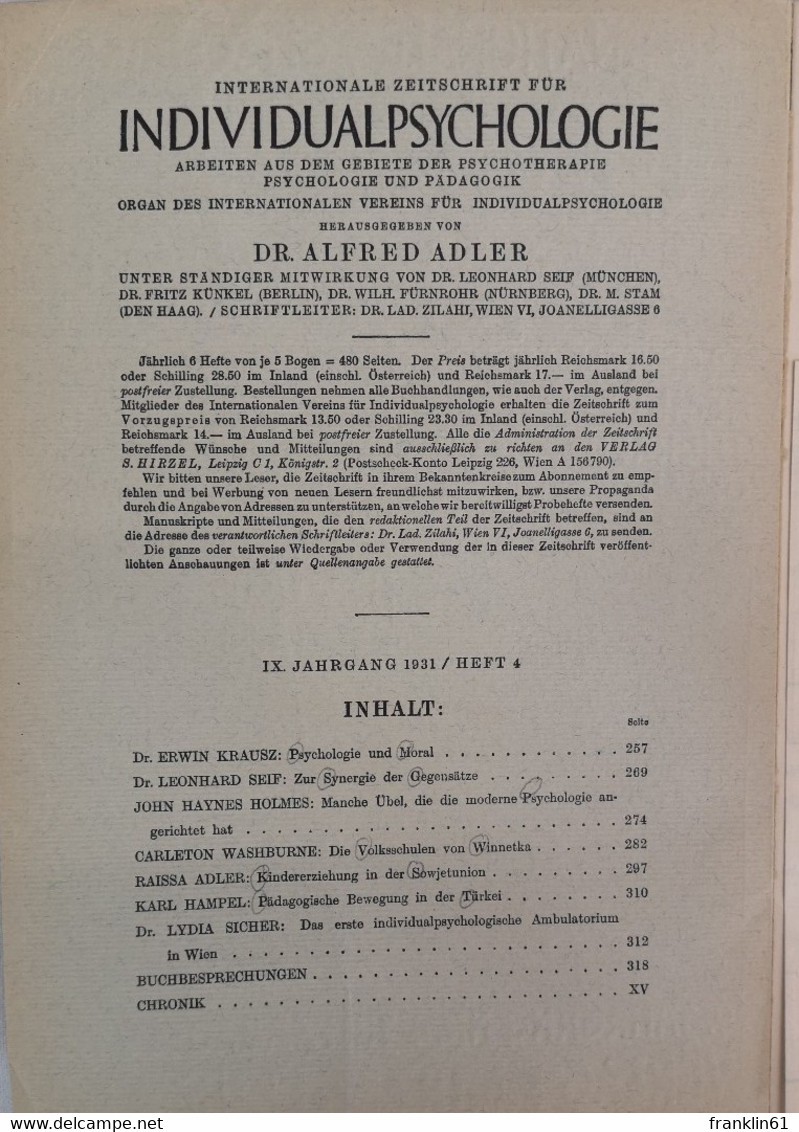 Internationale Zeitschrift für Individualpsychologie. Arbeiten aus dem Gebiete der Psychotherapie, Psychologie