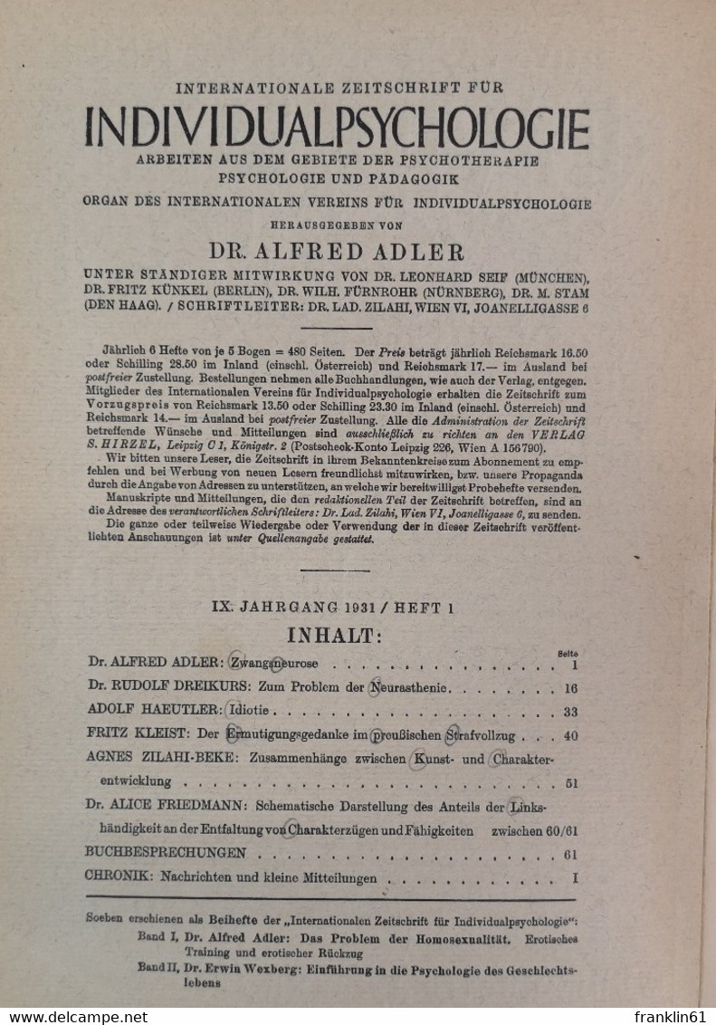 Internationale Zeitschrift für Individualpsychologie. Arbeiten aus dem Gebiete der Psychotherapie, Psychologie