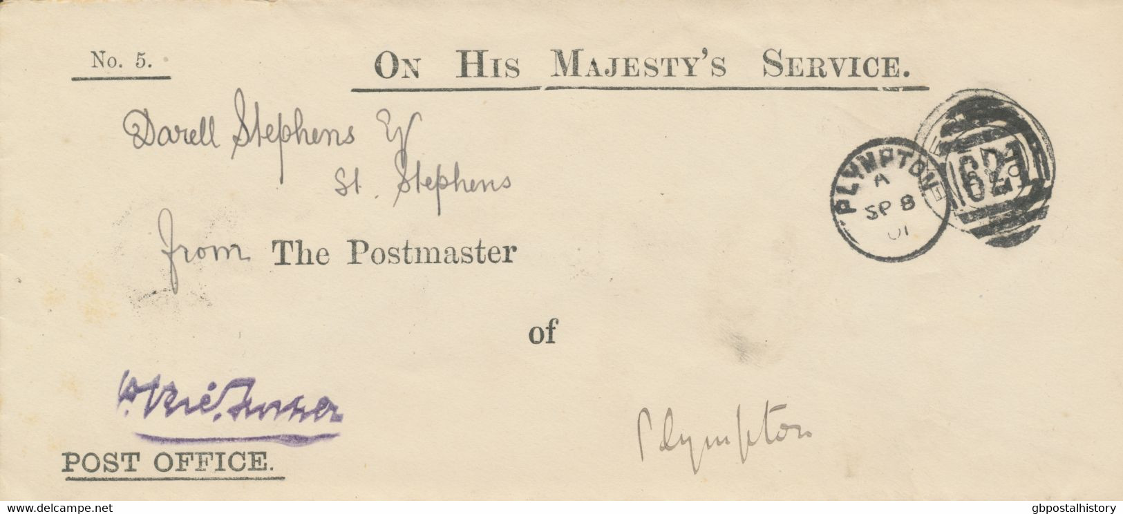 GB 1901 Duplex Postmark „PLYMPTON / 621“ (3VOD) On Superb DOUBLE USED OHMS Autographed Cover Of The Postmaster Of PLYMPT - Storia Postale