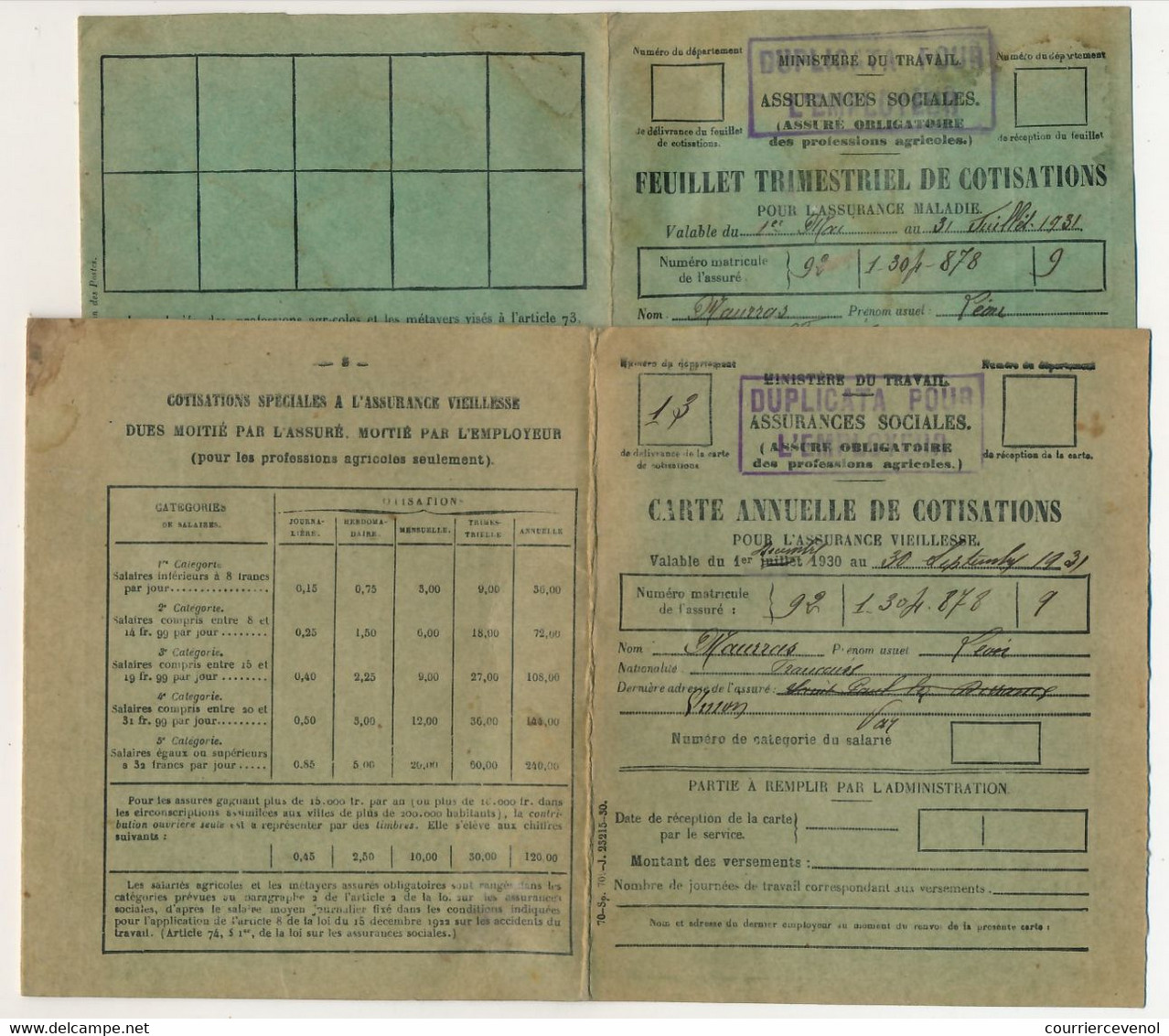 2 Cartes Annuelles De Cotisations Assurance Vieillesse - 1931 - Diverses Valeurs - Autres & Non Classés