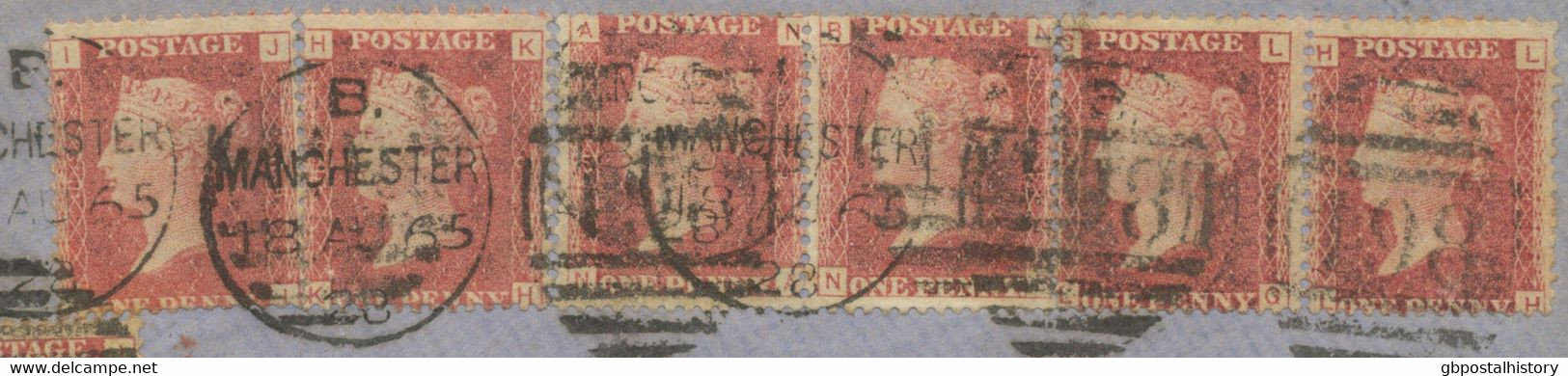 GB 18.8.1865, QV 1d Pl.71 (pair: LG-LH), Pl.89 (four X: JG, JH, JI, KH) And Pl.95 (pair: NA-NB) Multiple Postage Of 8d - Storia Postale