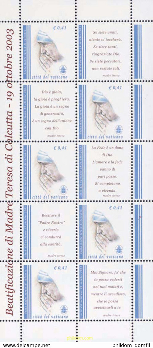 136183 MNH VATICANO 2003 BEATIFICACION DE LA MADRE TERESA - Mère Teresa