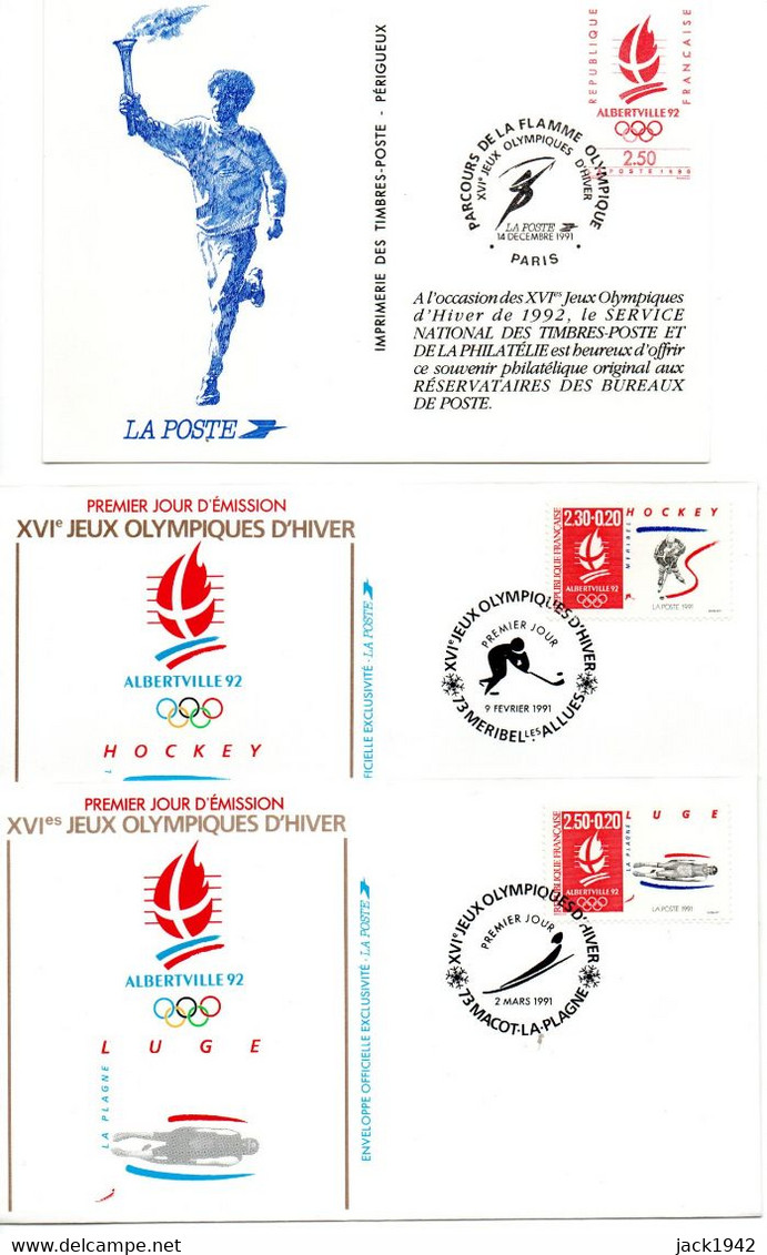 1991 - Premiers Jours Des Jeux Olympiques D'Hiver  "Albertville 92" : 2 Encarts + 7 Enveloppes + 1 Carte - Storia Postale