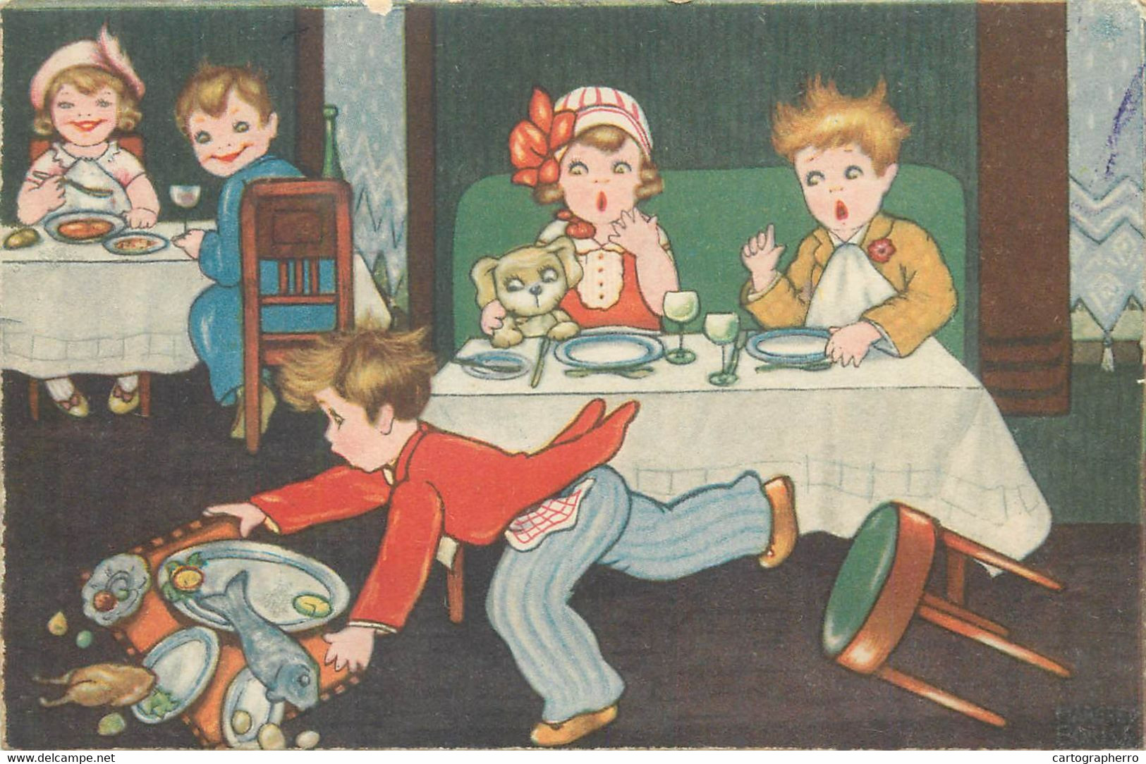 Postcard At The Restaurant Funny Illustration Margret Boriss Children - Boriss, Margret