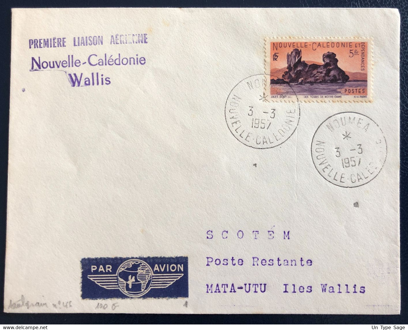 Nouvelle Calédonie Sur Enveloppe - 1ere Liaison Aérienne Nouvelle-Calédonie / Wallis 3.3.1957 - (B4611) - Brieven En Documenten