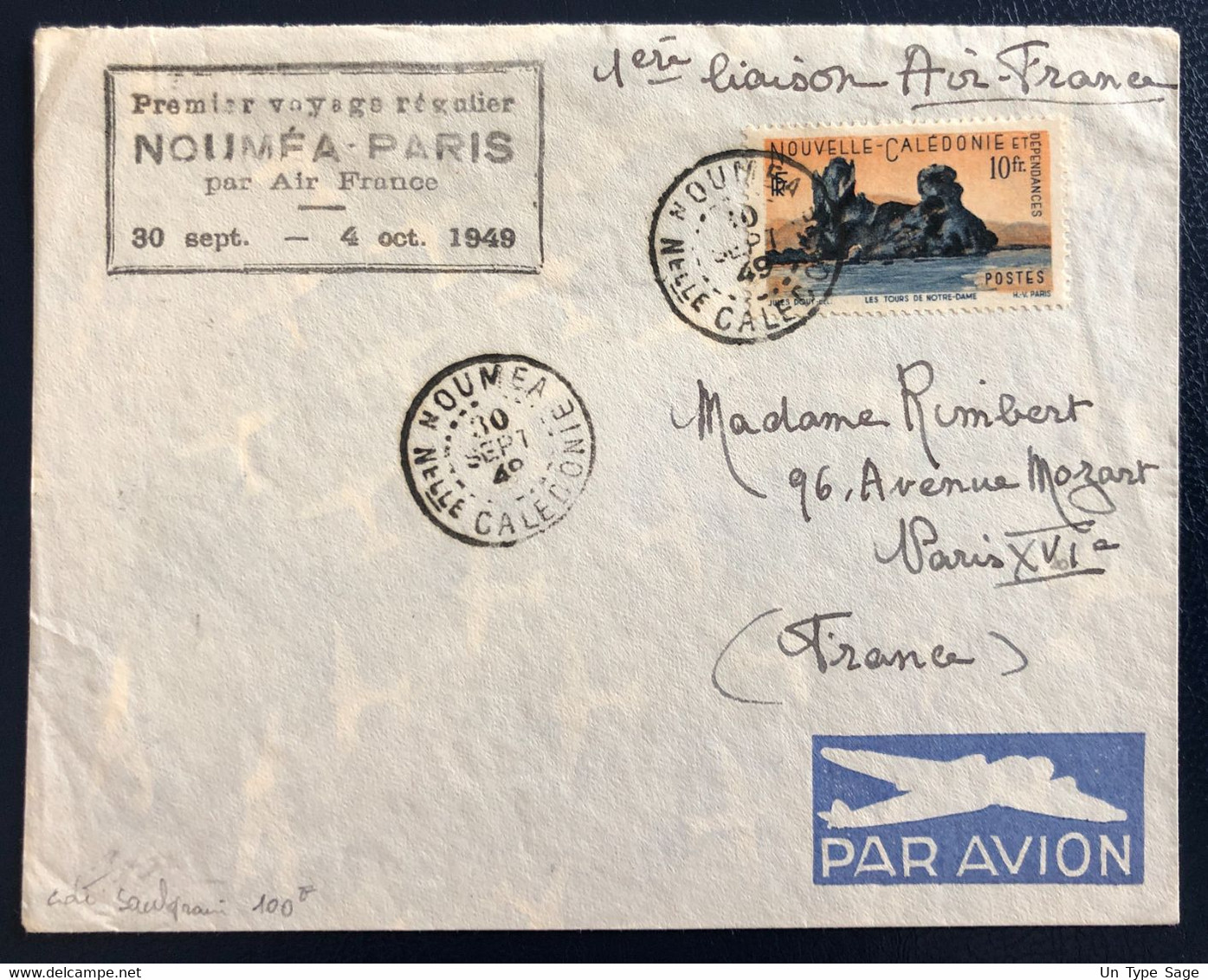 Nouvelle Calédonie Sur Enveloppe - 1er Voyage Régulier Nouméa / Paris 30.9.1949 - (B4614) - Covers & Documents