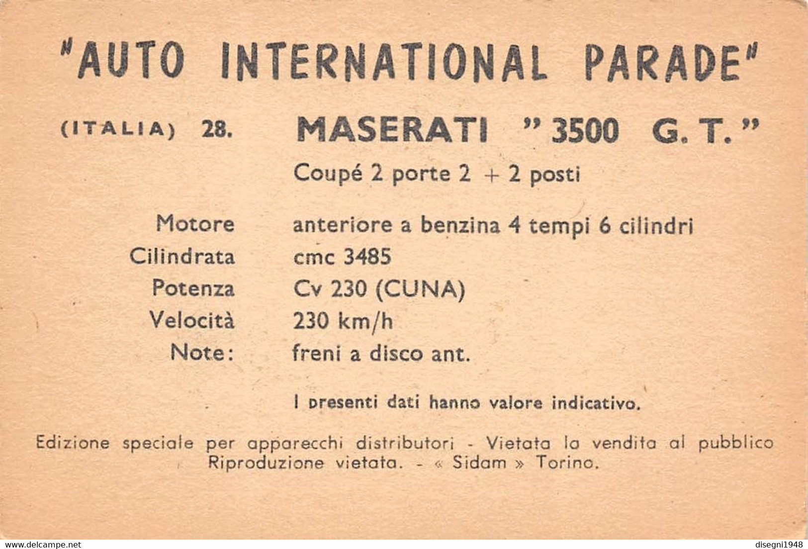 11919 "MASERATI 3500 G.T. COUPE' 28 - AUTO INTERNATIONAL PARADE - SIDAM TORINO - 1961" FIGURINA CARTONATA ORIG. - Engine