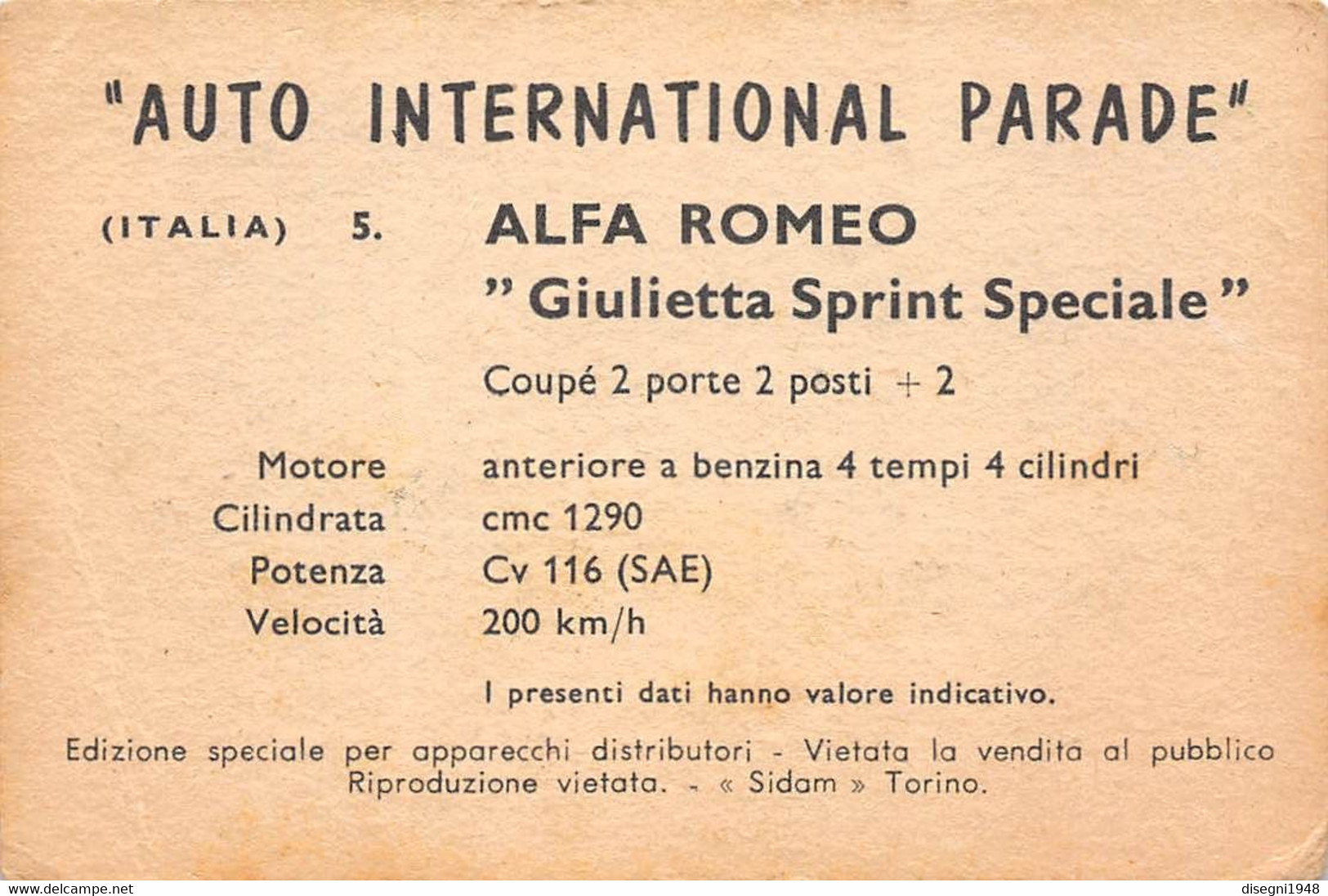 11921 "ALFA ROMEO GIULIETTA SPRINT SPEC. 5 - AUTO INTERNATIONAL PARADE - SIDAM TORINO - 1961" FIGURINA CARTONATA ORIG. - Engine