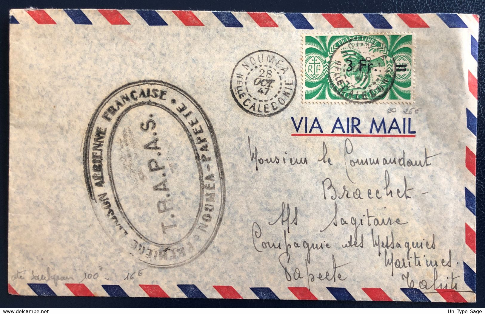 Nouvelle Calédonie Divers Sur Enveloppe De Nouméa 28.10.1947 - TRAPAS - (B4629) - Storia Postale