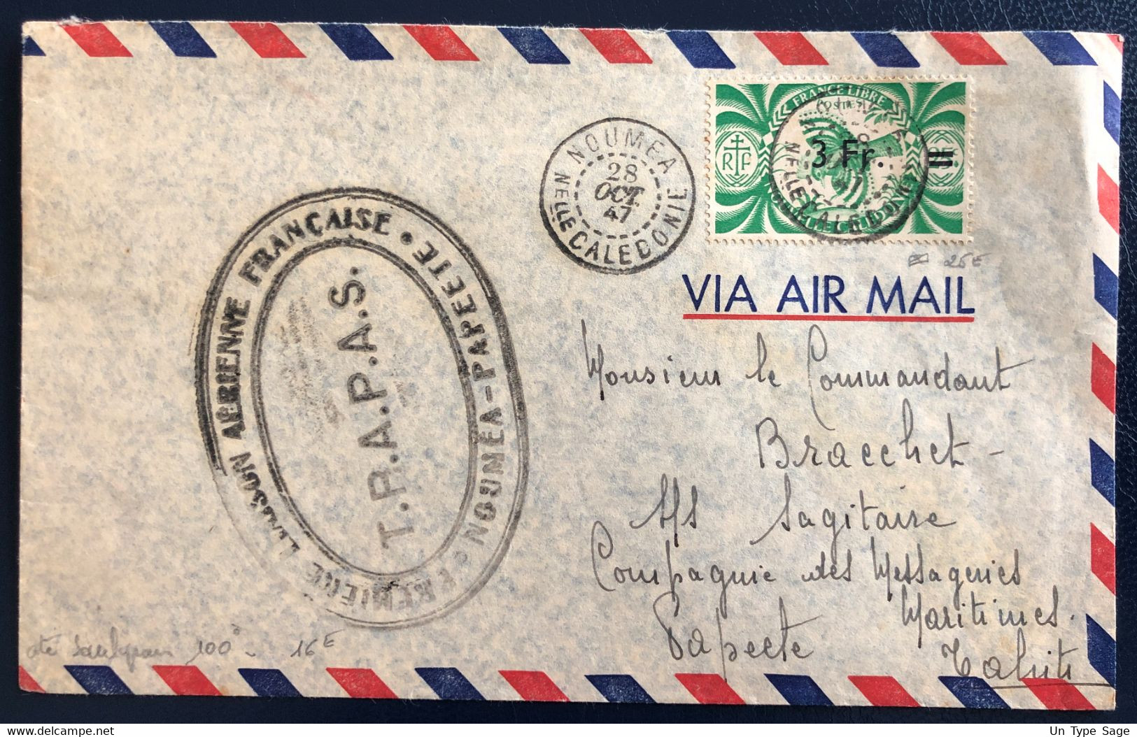 Nouvelle Calédonie Divers Sur Enveloppe De Nouméa 28.10.1947 - TRAPAS - (B4629) - Briefe U. Dokumente