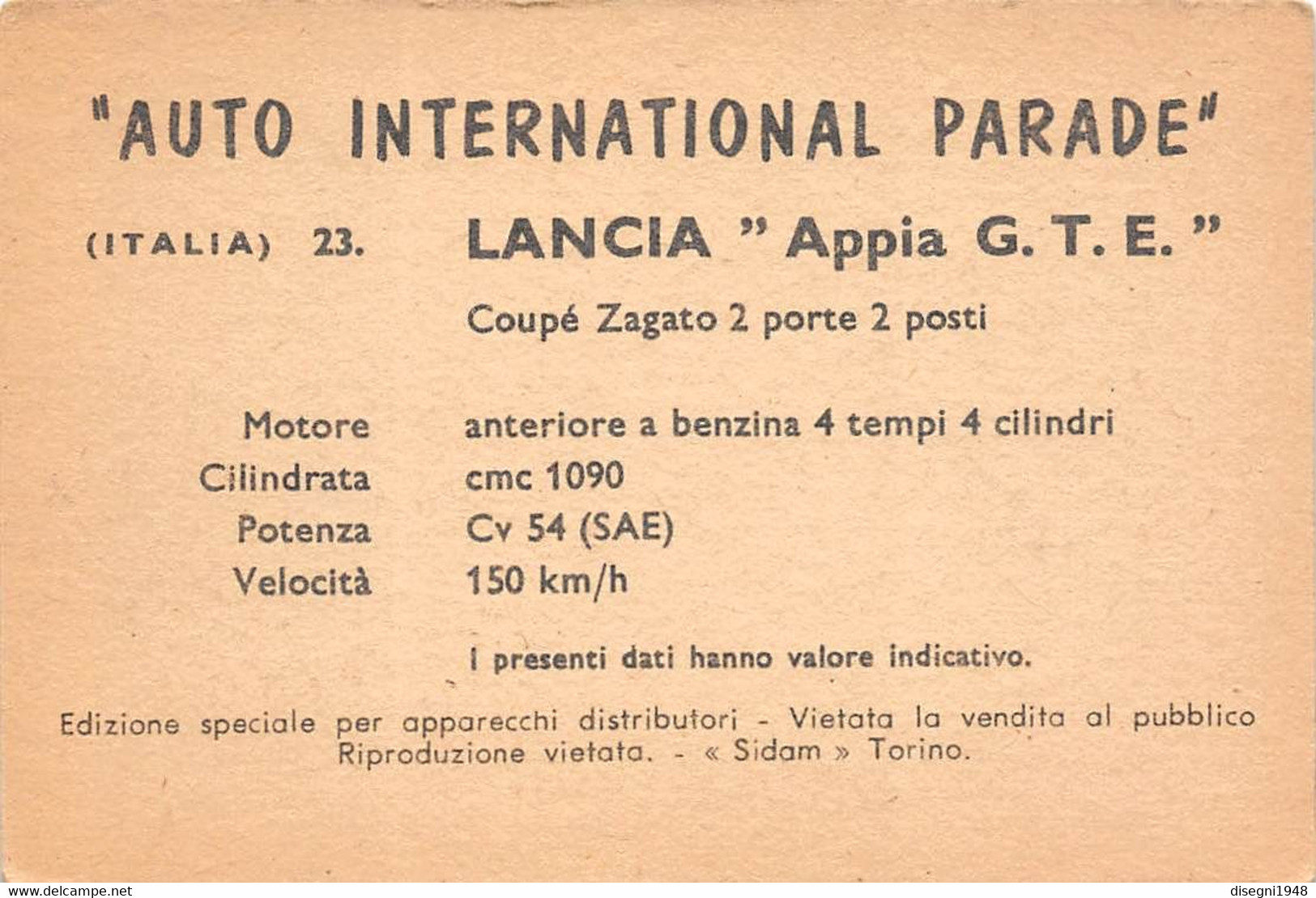 11922 "LANCIA APPIA  G.T.E. ZAGATO 23 - AUTO INTERNATIONAL PARADE - SIDAM TORINO - 1961" FIGURINA CARTONATA ORIG. - Auto & Verkehr