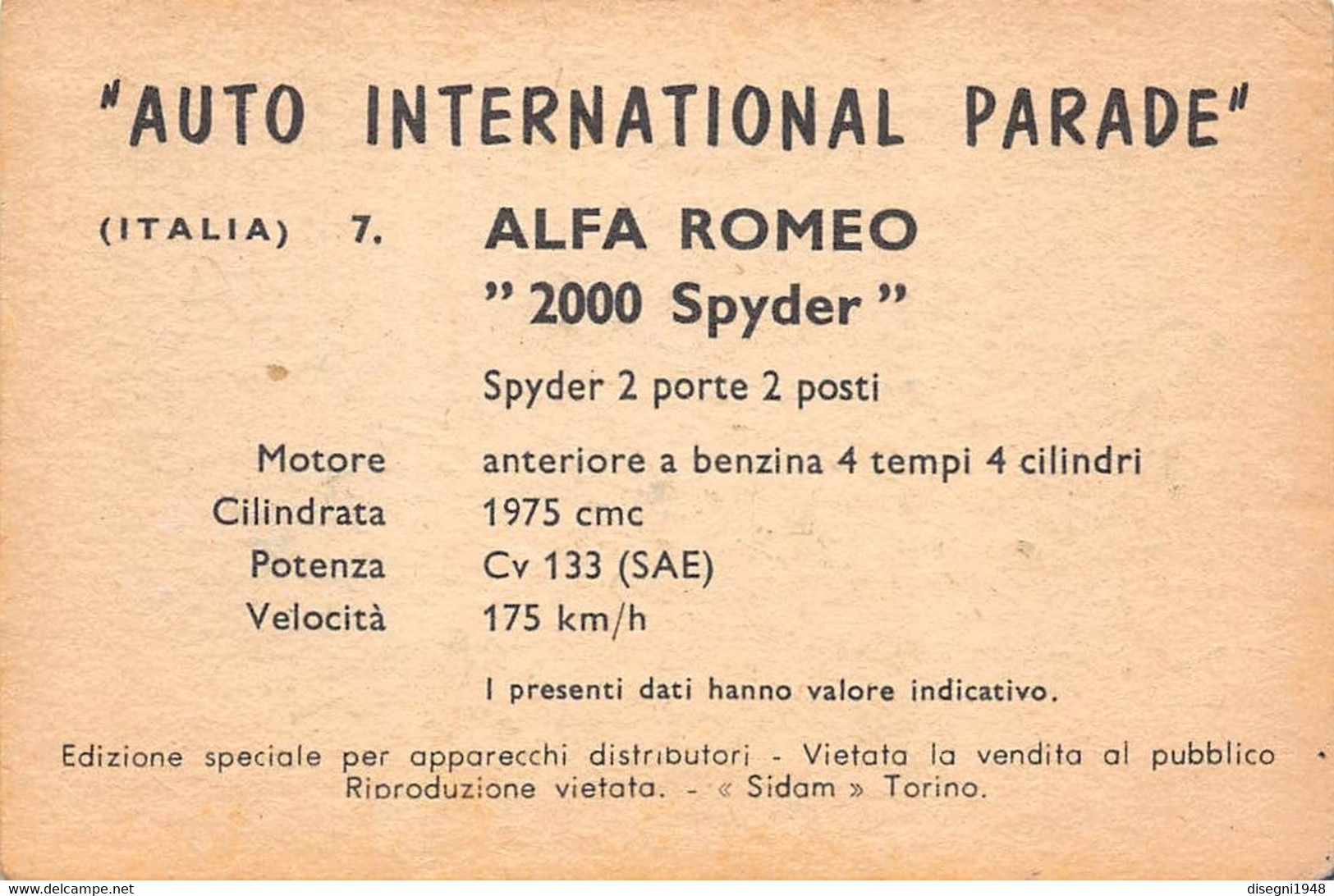 11924 "ALFA ROMEO 2000 SPYDER 7 - AUTO INTERNATIONAL PARADE - SIDAM TORINO - 1961" FIGURINA CARTONATA ORIG. - Auto & Verkehr