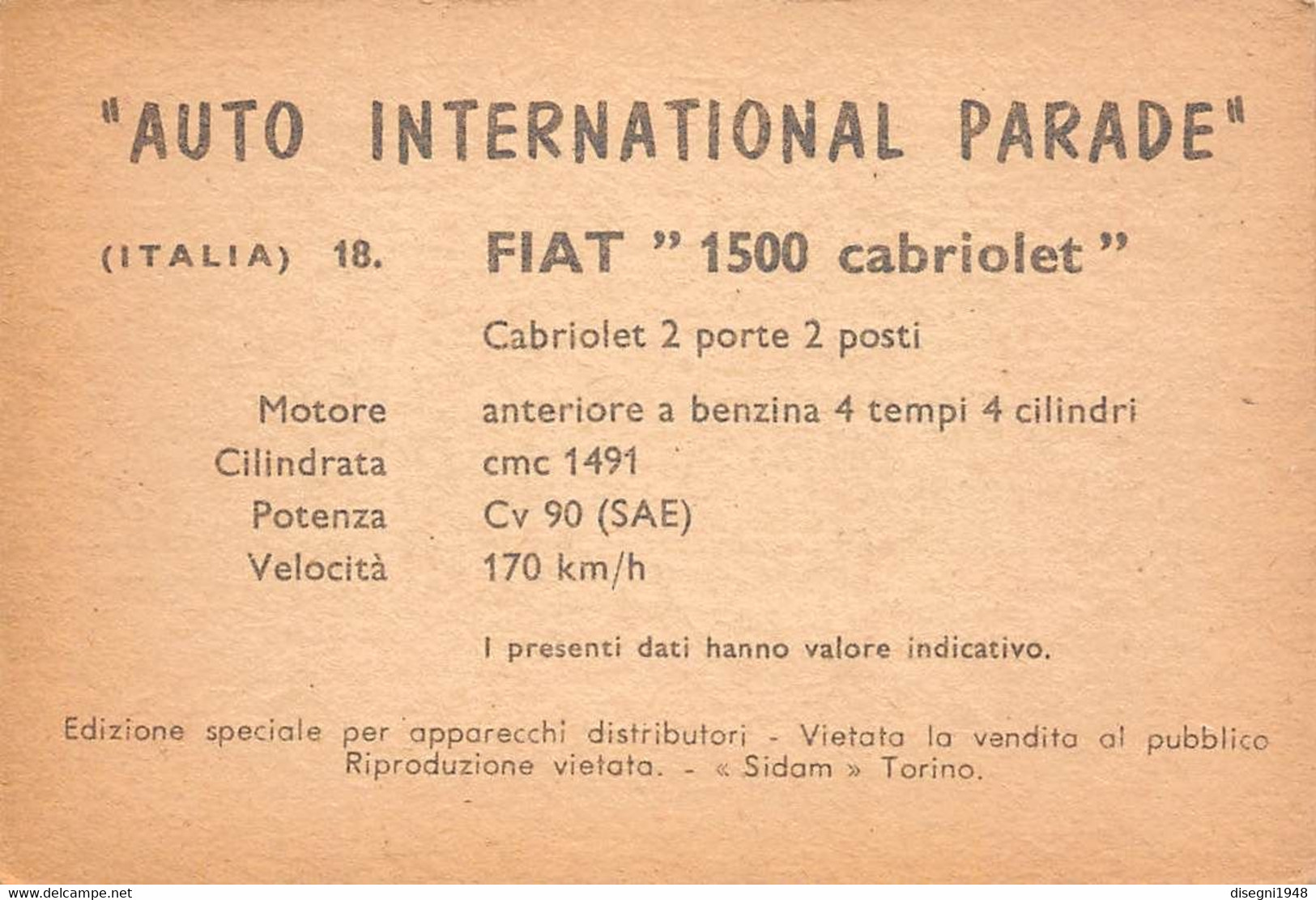 11925 "FIAT 1500 CABRIOLET 18 - AUTO INTERNATIONAL PARADE - SIDAM TORINO - 1961" FIGURINA CARTONATA ORIG. - Auto & Verkehr