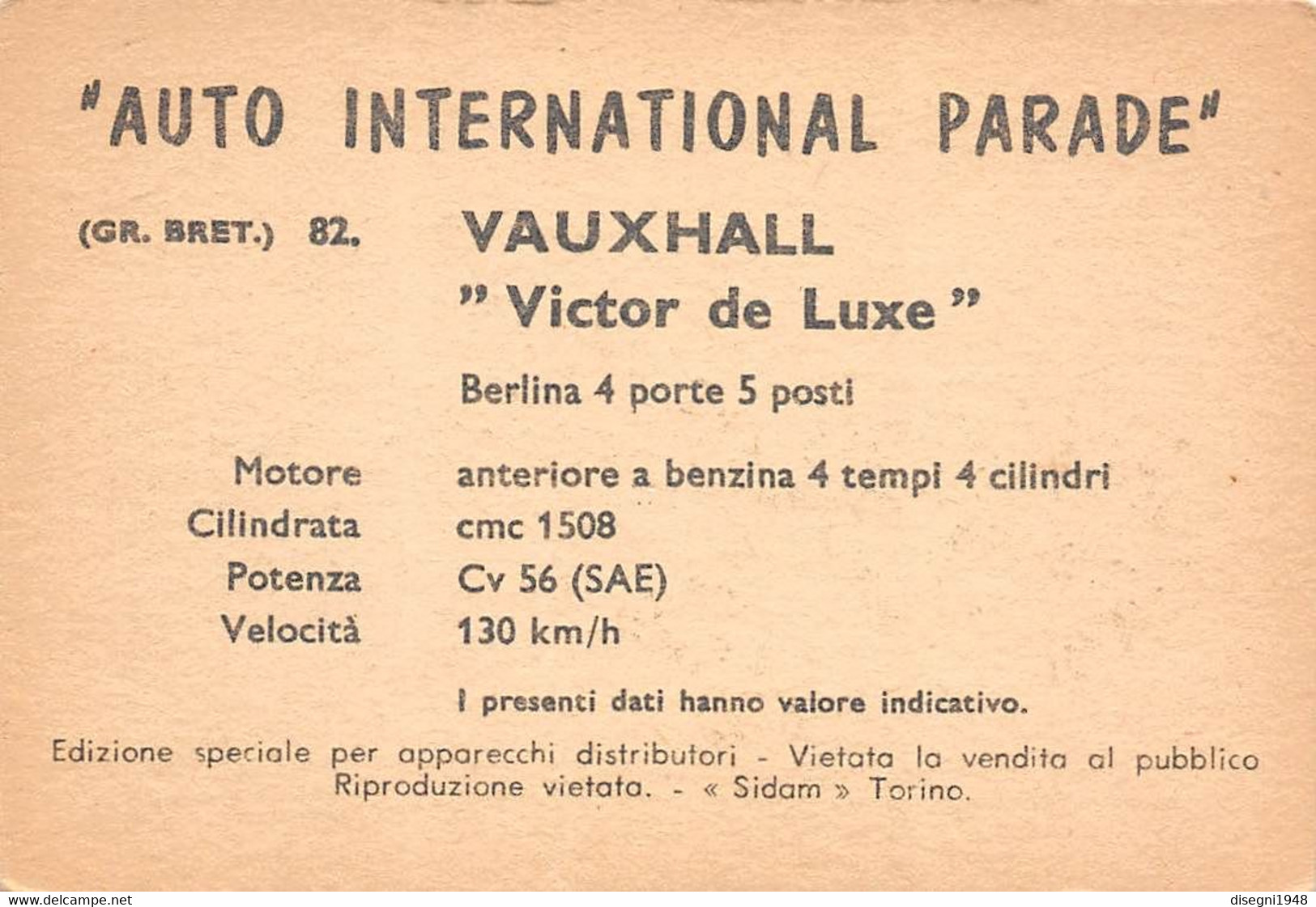 11926 "VAUXHALL VICTOR DE LUXE BERLINA  82 - AUTO INTERNATIONAL PARADE - SIDAM TORINO - 1961" FIGURINA CARTONATA ORIG. - Motoren