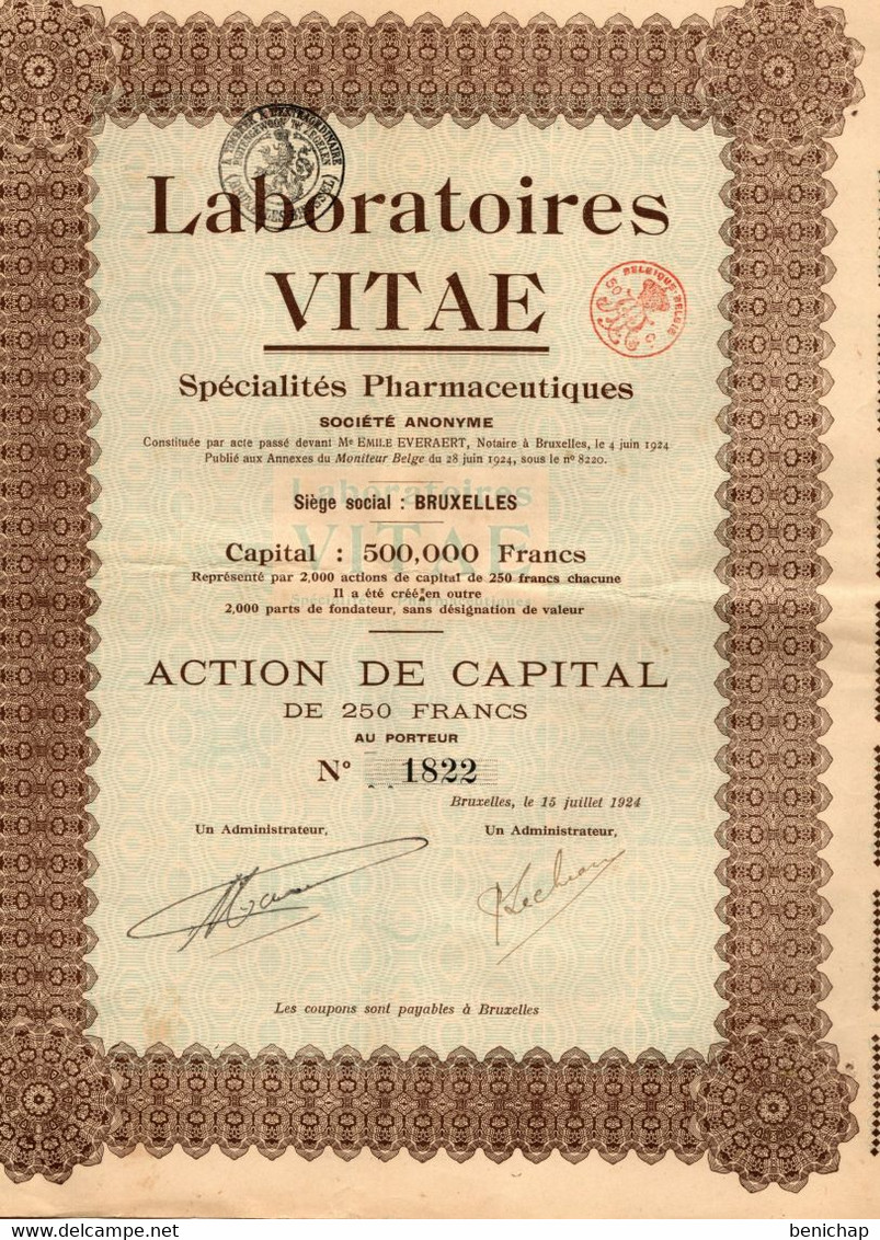 Laboratoires VITAE - Spécialités Pharmaceutiques S.A. - Action De Capital De 250 Frs - Bruxelles Juin 1924 - Industrie