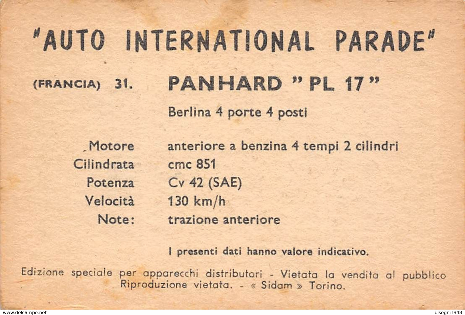 11928 "PANHARD PL17 BERLINA 31 - AUTO INTERNATIONAL PARADE - SIDAM TORINO - 1961" FIGURINA CARTONATA ORIG. - Motoren