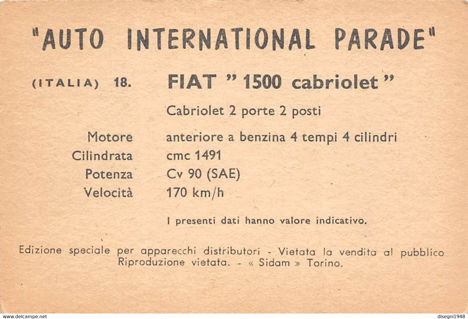 11931 "FIAT 1500 CABRIOLET 18 - AUTO INTERNATIONAL PARADE - SIDAM TORINO - 1961" FIGURINA CARTONATA ORIG. - Motoren