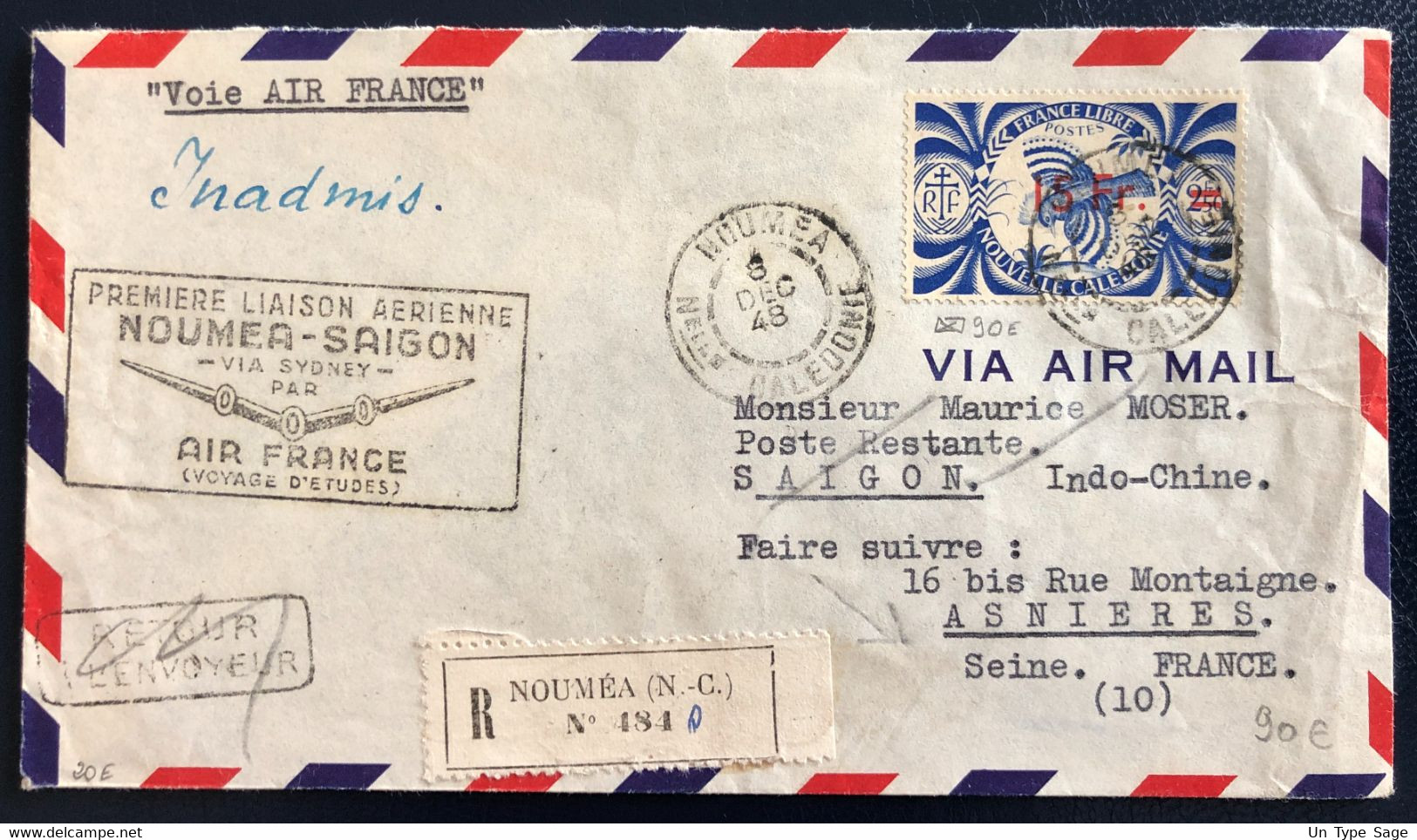 Nouvelle Calédonie Sur Enveloppe - 1ere Liaison Nouméa / Saigon 8.12.1948 - Mention Inadmis - (B4632) - Lettres & Documents