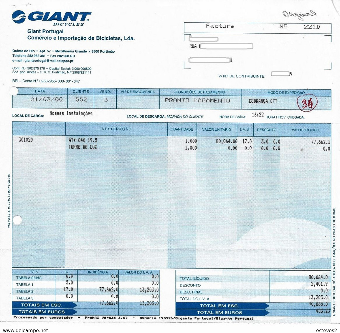 Portugal , 2000 , GIANT PORTUGAL BICICLETAS , Bicycles  Invoice And Receipt - Portugal