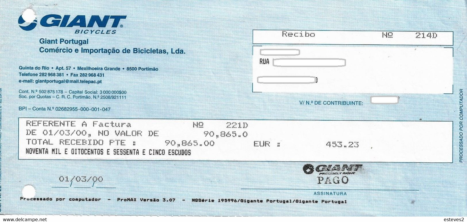 Portugal , 2000 , GIANT PORTUGAL BICICLETAS , Bicycles  Invoice And Receipt - Portugal