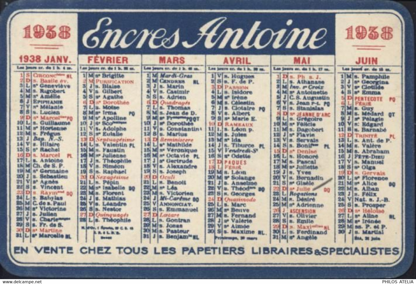 Calendrier Petit Format 1938 Encres Antoine Encre Stylex - Petit Format : 1921-40