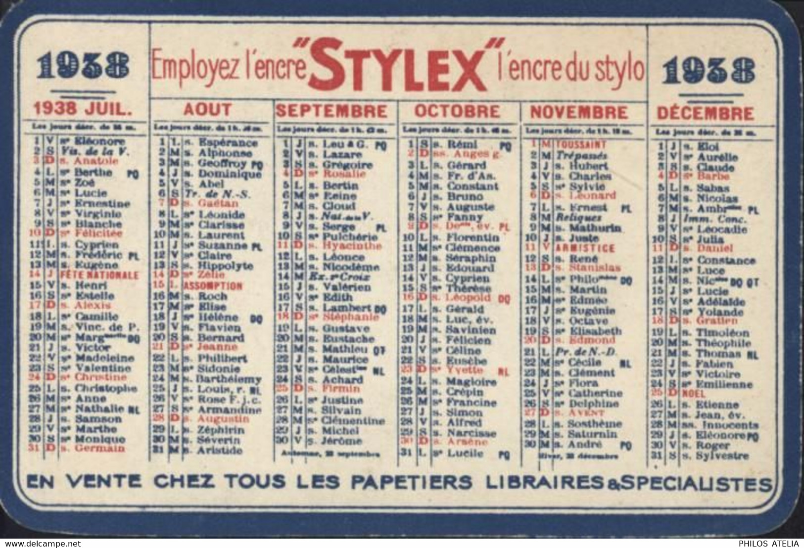 Calendrier Petit Format 1938 Encres Antoine Encre Stylex - Petit Format : 1921-40