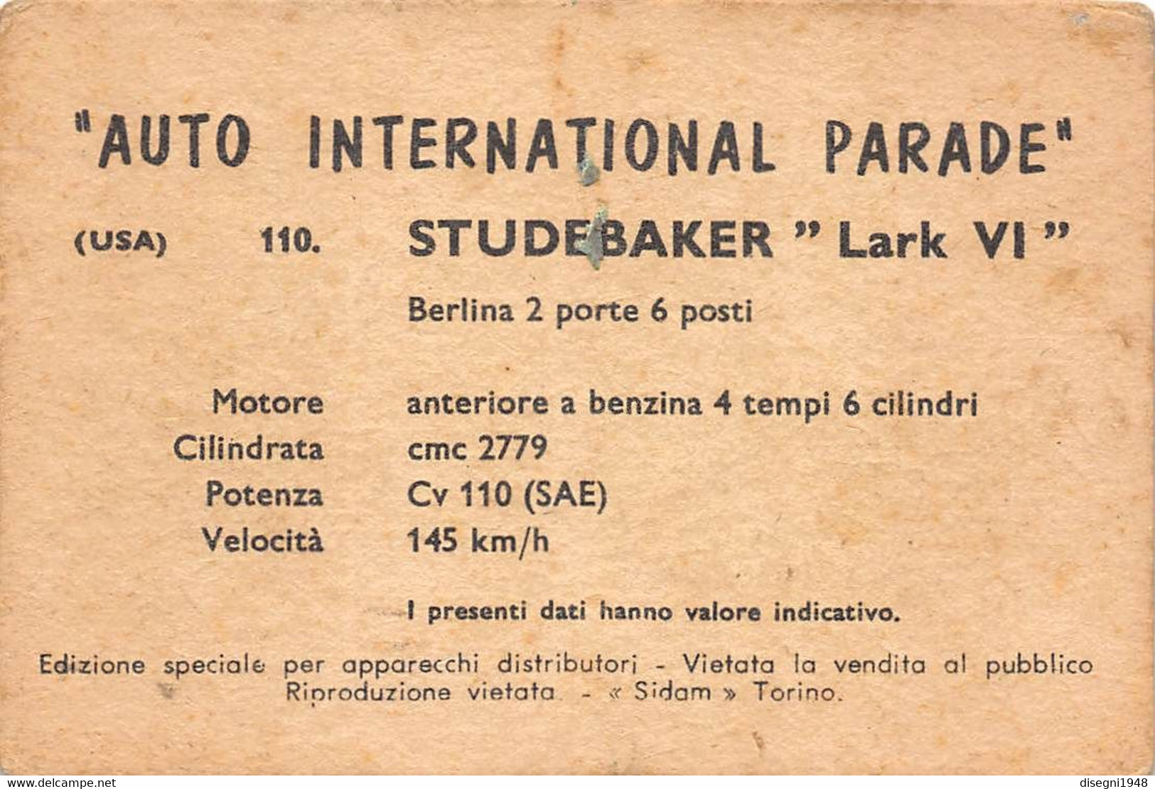 11937 "STUDEBAKER LARK VI BERLINA 110 - AUTO INTERNATIONAL PARADE - SIDAM TORINO - 1961" FIGURINA CARTONATA ORIG. - Motoren