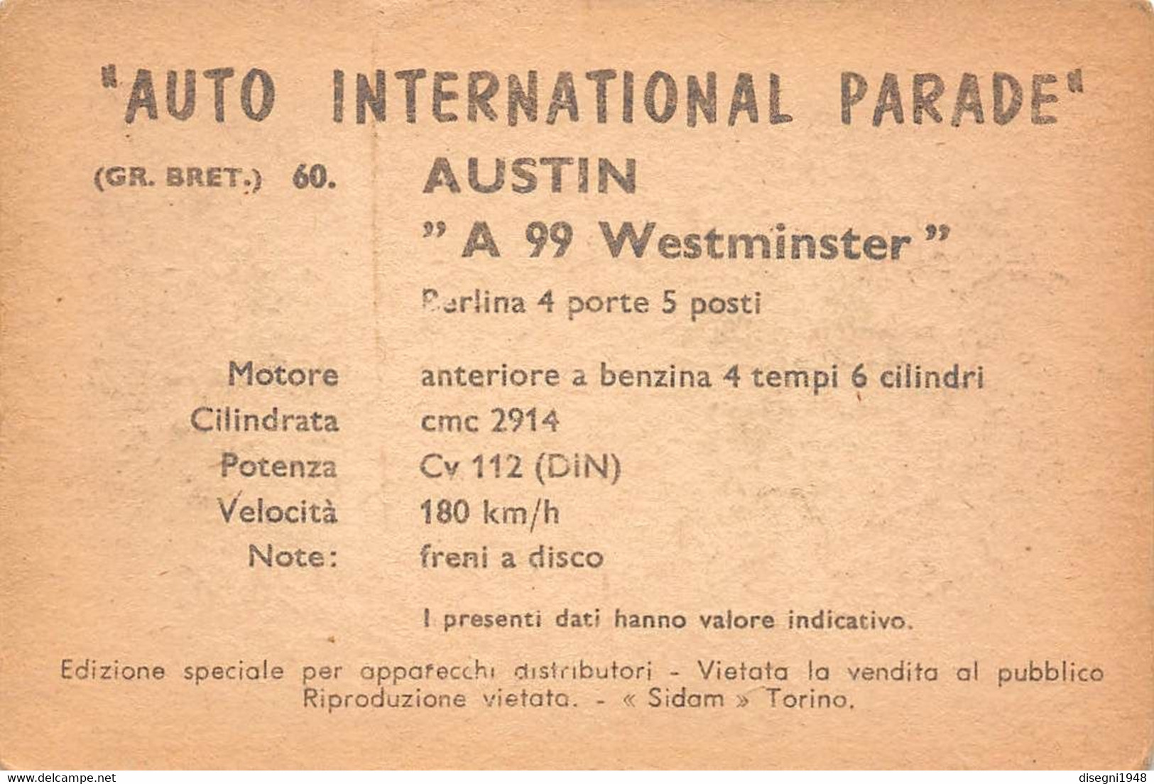 11938 "AUSTIN A 99 WESTMINSTER BERLINA 60 - AUTO INTERNATIONAL PARADE - SIDAM TORINO - 1961" FIGURINA CARTONATA ORIG. - Auto & Verkehr