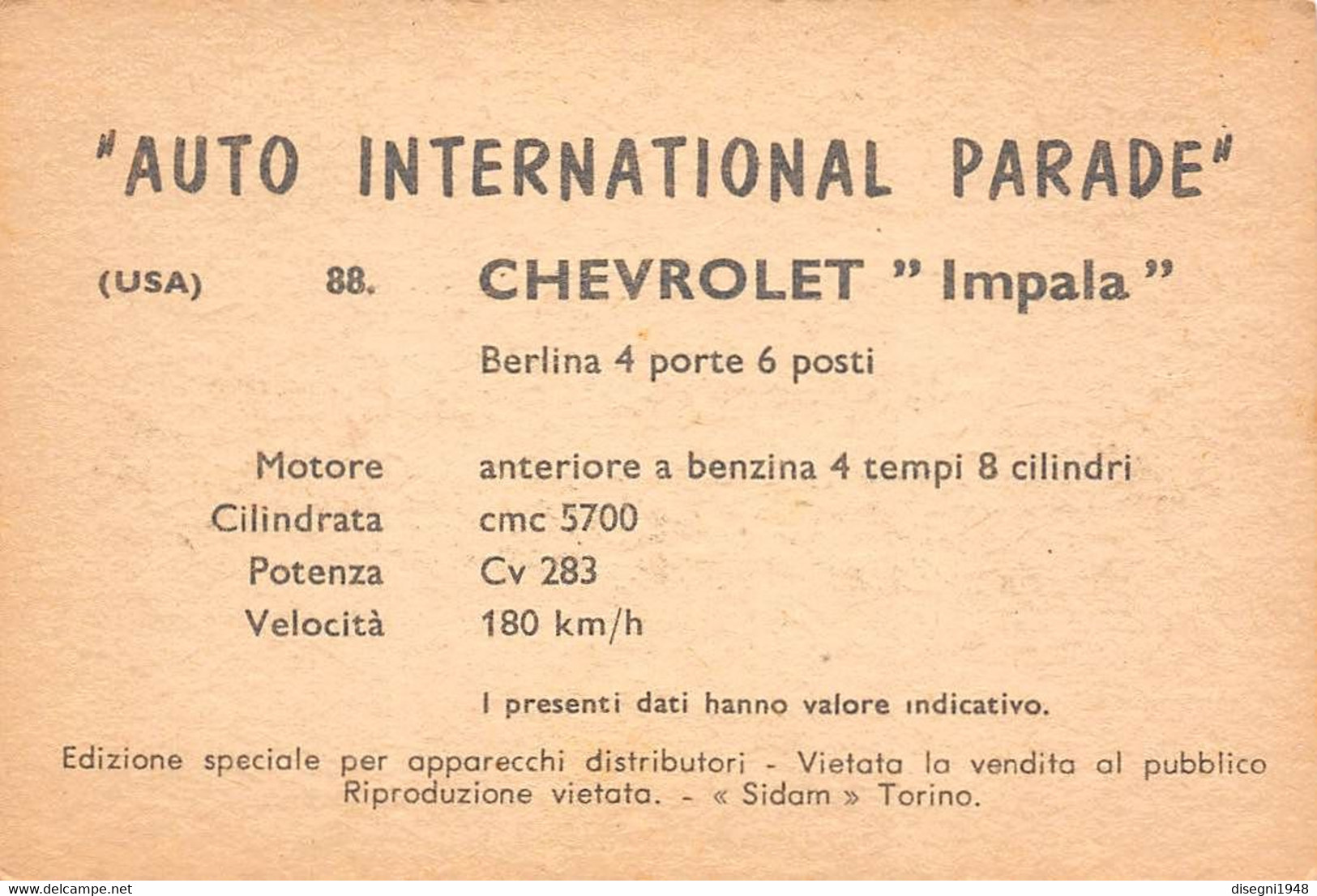 11943 "CHEVROLET IMPALA BERLINA 88 - AUTO INTERNATIONAL PARADE - SIDAM TORINO - 1961" FIGURINA CARTONATA ORIG. - Auto & Verkehr