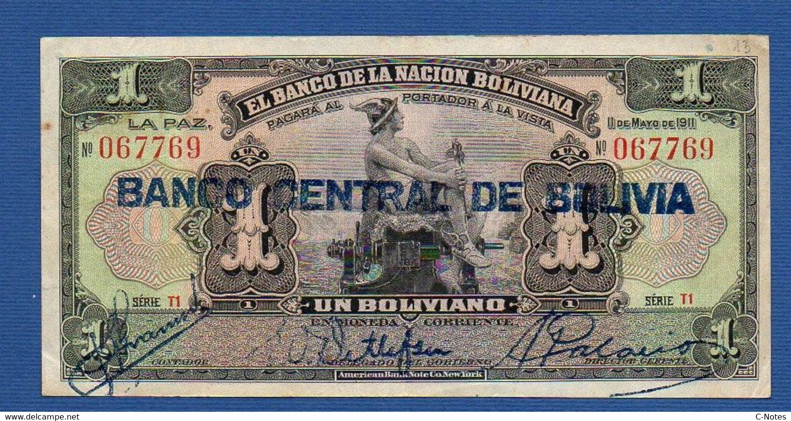 BOLIVIA - P.112 (1) – 1 Boliviano 11.05.1911 (1929) VF+, Serie T1 067769 - Bolivie