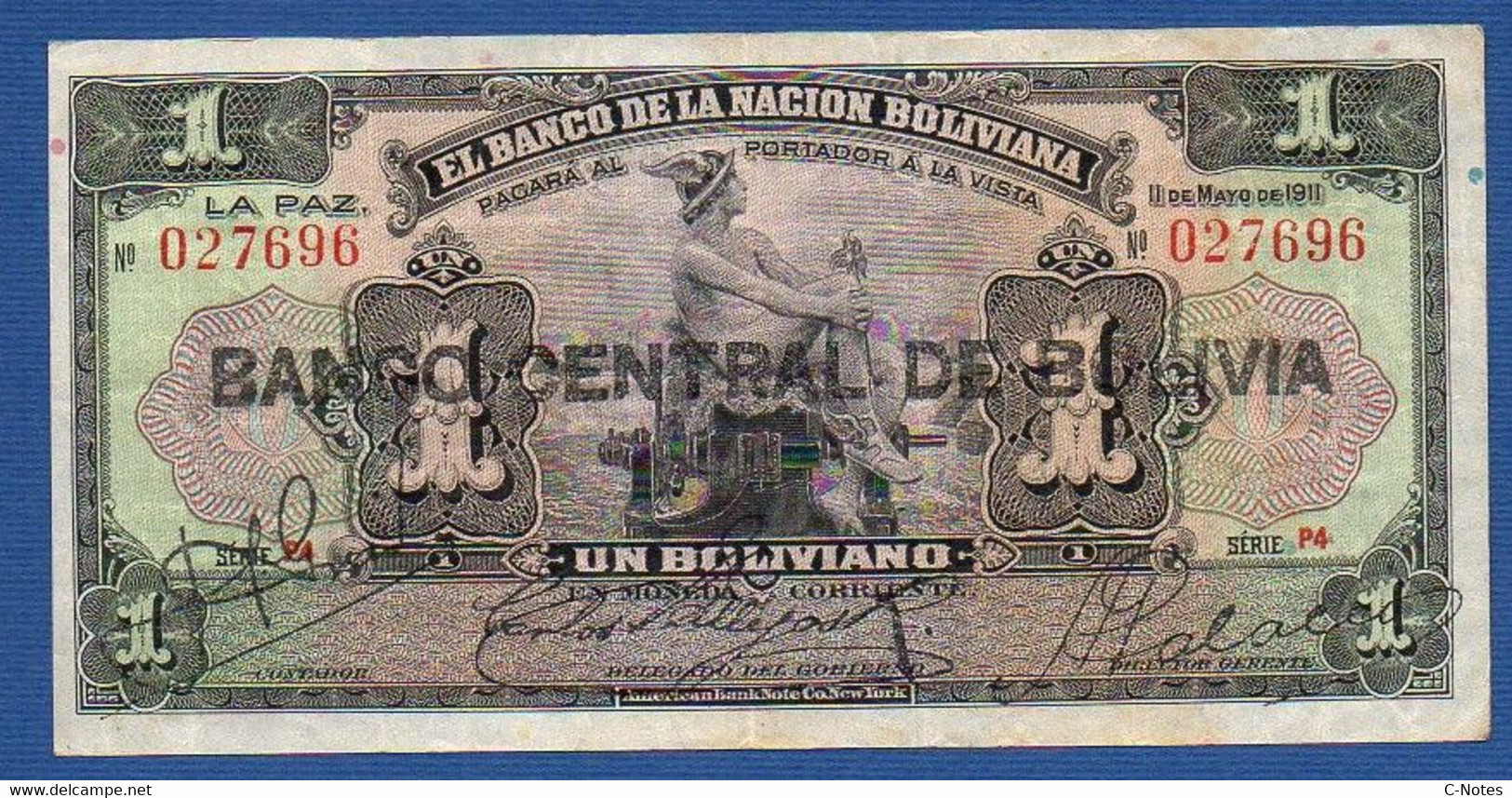BOLIVIA - P.112 (3) – 1 Boliviano 11.05.1911 (1929) VF, Serie P4 027696 - Bolivie