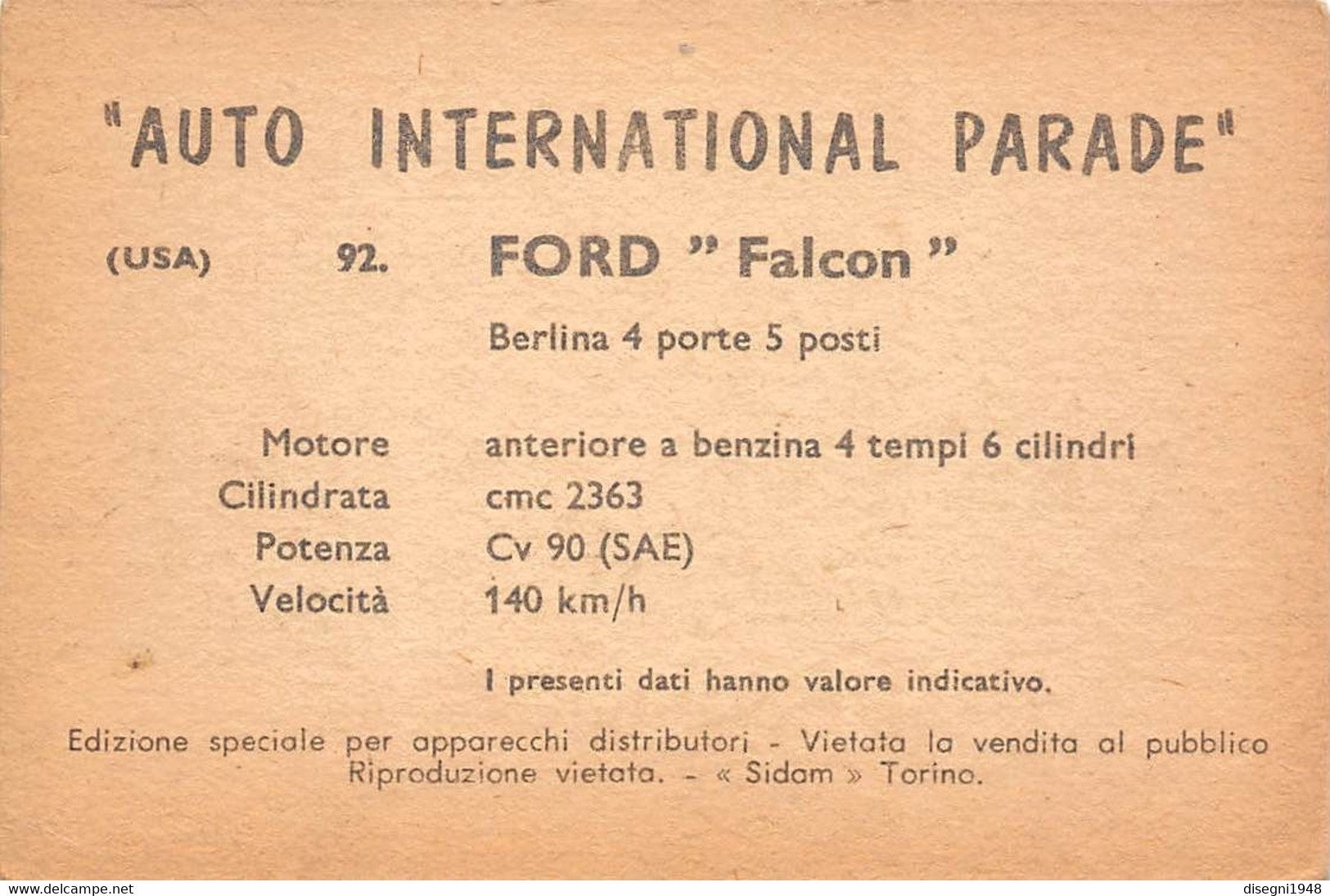 11945 "FORD FALCON BERLINA 92 - AUTO INTERNATIONAL PARADE - SIDAM TORINO - 1961" FIGURINA CARTONATA ORIG. - Motoren