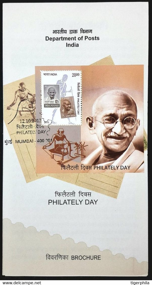 INDIA 2013 Philately Day Gandhi MINIATURE SHEET Folder MUMBAI TIED CANCELLATION - Covers & Documents