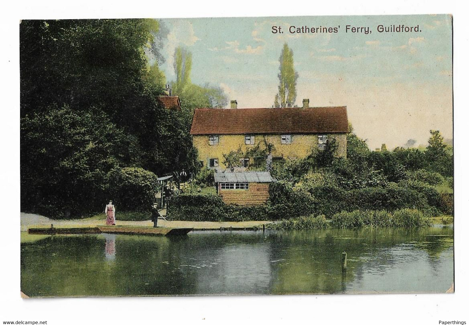 Postcard, Surrey, Guildford, St. Catherines Ferry, Boat, House, River, 1916. - Surrey