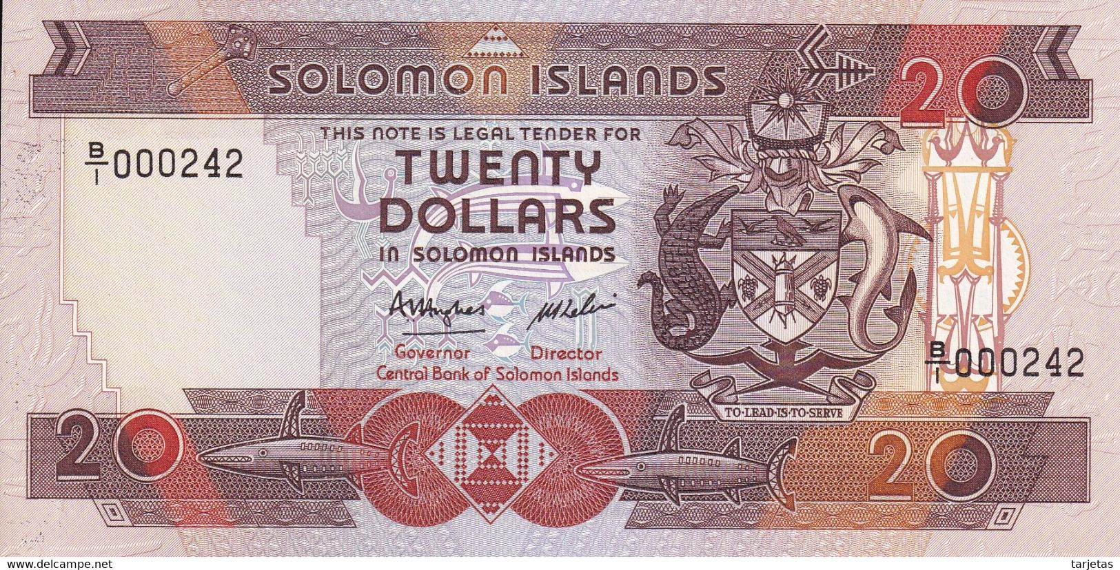 000242 BILLETE DE SALOMON ISLANDS DE 20 DOLLARS DEL AÑO 1986 SIN CIRCULAR (UNC) NUMERO MUY BAJO - Solomonen