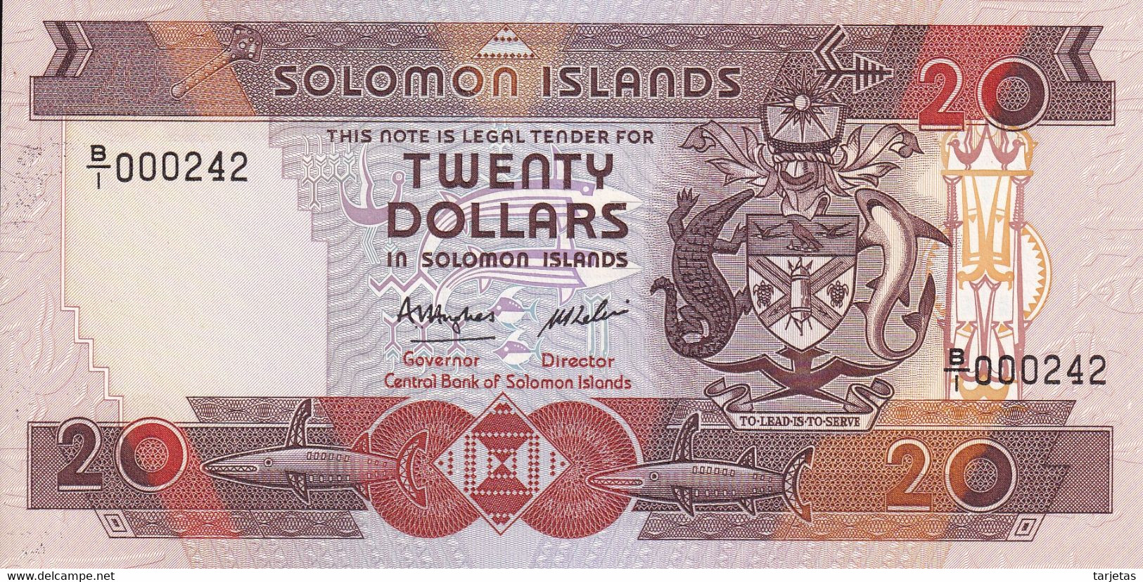 000242 BILLETE DE SALOMON ISLANDS DE 20 DOLLARS DEL AÑO 1986 SIN CIRCULAR (UNC) NUMERO MUY BAJO - Solomon Islands