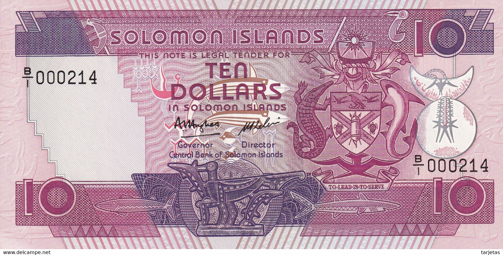 000214 BILLETE DE SALOMON ISLANDS DE 10 DOLLARS DEL AÑO 1986 SIN CIRCULAR (UNC) NUMERO MUY BAJO - Salomonseilanden