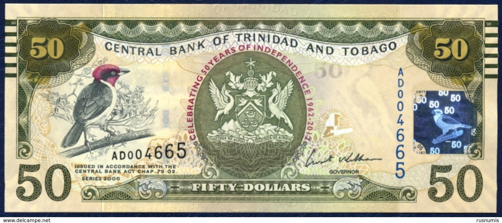 TRINIDAD AND TOBAGO 50 DOLLARS P-53 COMMEMORATIVE 50th ANNIVERSARY OF INDEPENDENCE CARDINAL BIRD  2006 / 2012 UNC - Trinidad Y Tobago