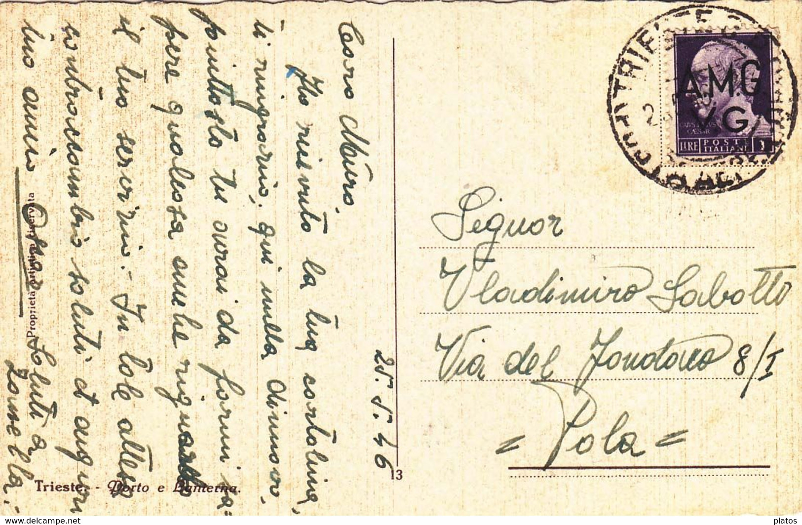 S - Da Trieste A Pola  L. 1  Luotenenza Con Soprastampa A.M.G. V.G. - Storia Postale