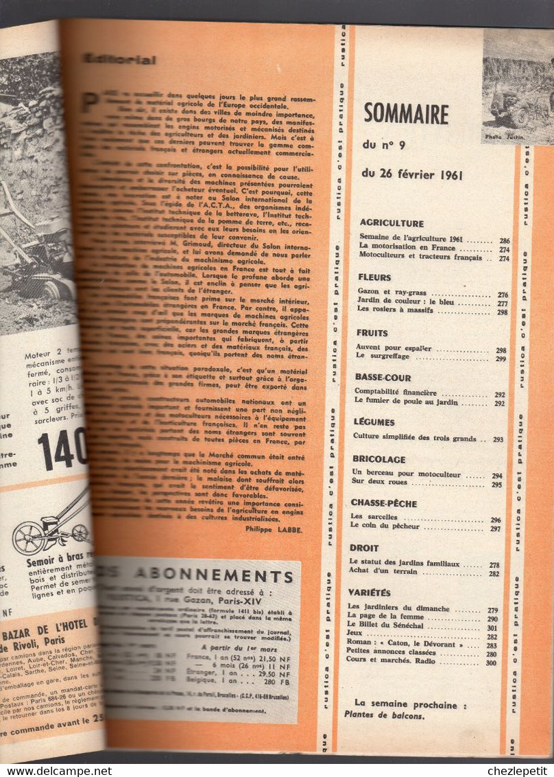 RUSTICA N°9 1961 Motoculteur Greffage Chasse Pêche French Gardening Magazine - Tuinieren