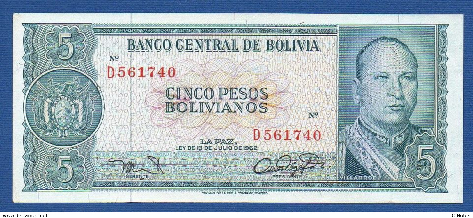 BOLIVIA - P.153a4 – 5 Pesos Bolivianos L.1962 XF/aUNC, Serie D 561740 - Bolivie