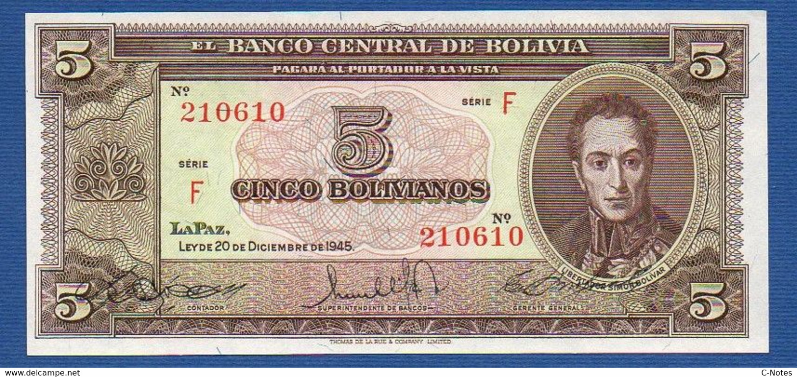 BOLIVIA - P.138a3 – 5 Pesos Bolivianos L.1945 UNC, Serie F 210610 - Bolivie