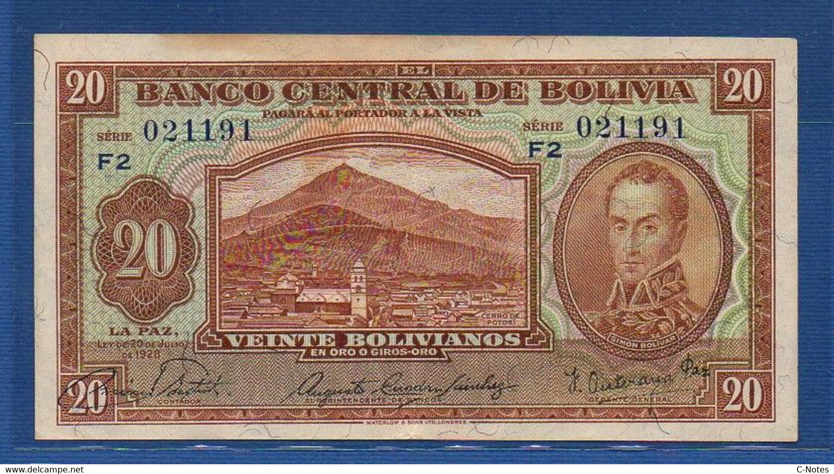 BOLIVIA - P.131 (5) – 20 Bolivianos L.1928 AXF, Serie F2 021191 - Bolivie