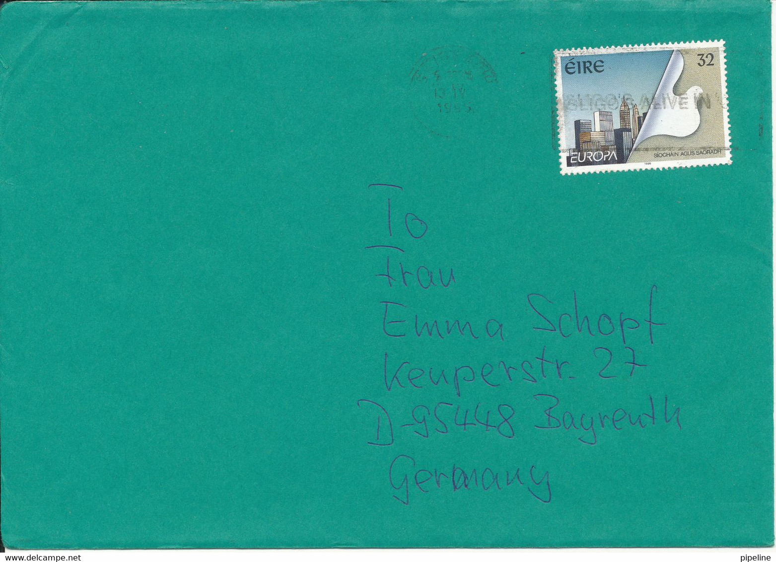 Ireland Cover Sent To Denmark 13-4-1995 Single Franked  EUROPA CEPT - Covers & Documents