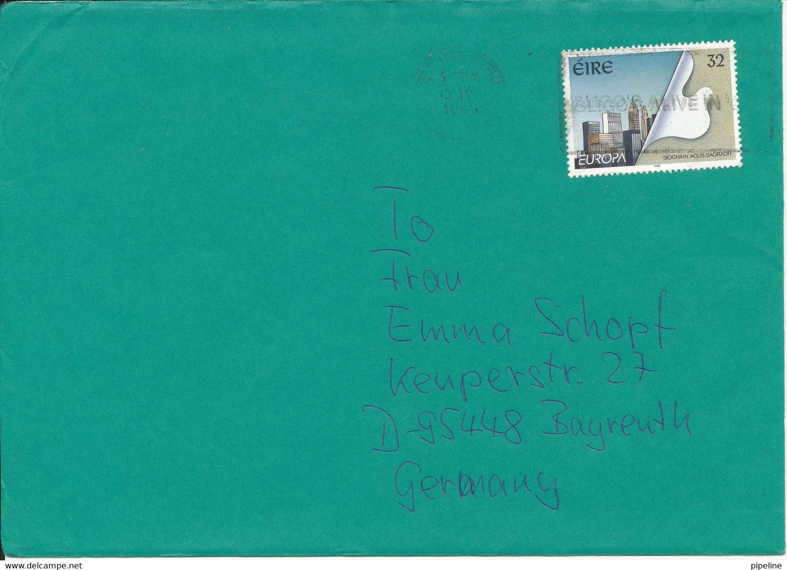 Ireland Cover Sent To Denmark 13-4-1995 Single Franked  EUROPA CEPT - Brieven En Documenten