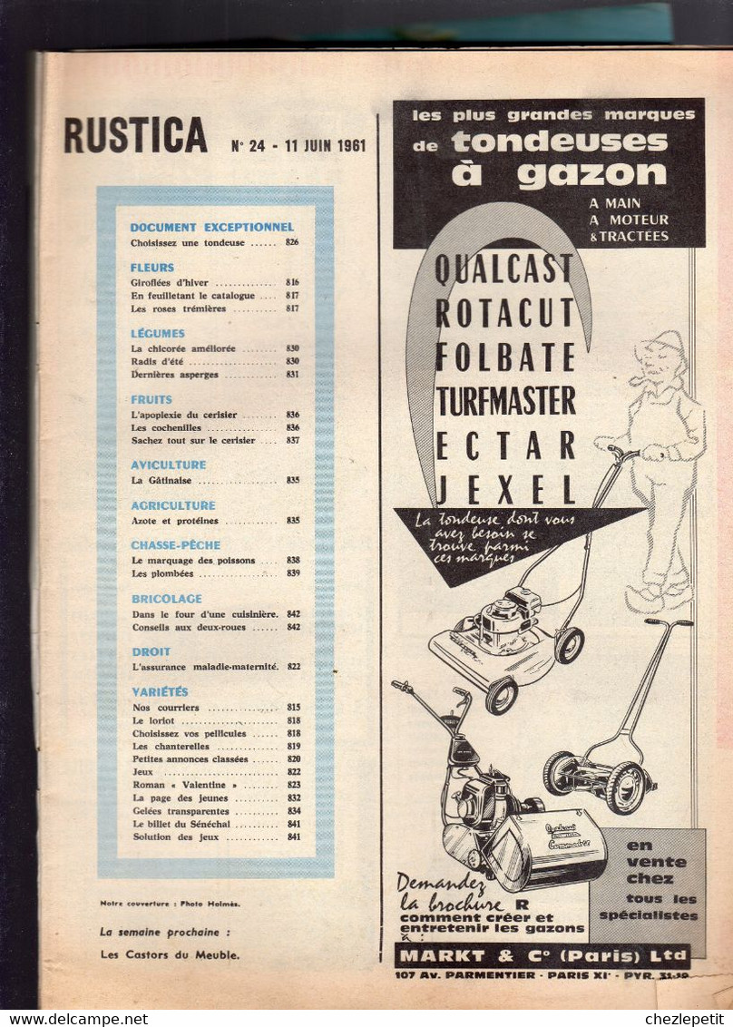 RUSTICA N°24 1961 Giroflée Champignons La Tondeuse Asperge Cerisier Pêche En Mer - Garden
